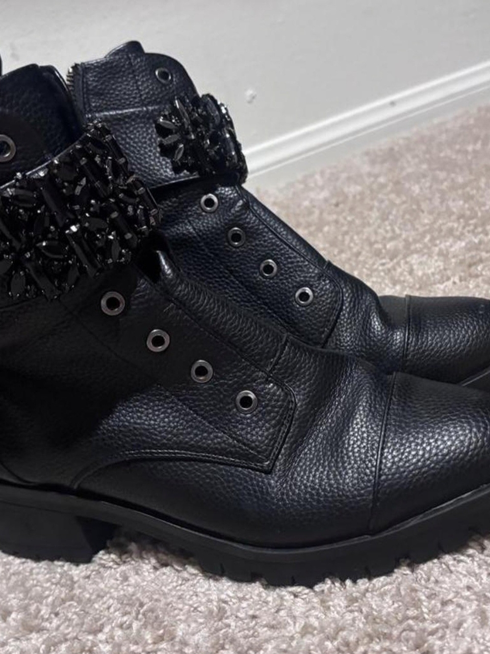 Karl Lagerfeld Black Leather Combat Boots with Embellished Strap